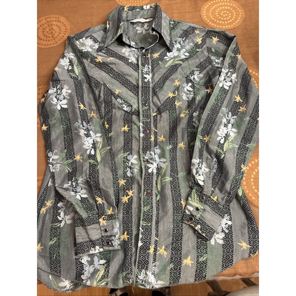 LARRY MAHAN VTG Pearl Snap Floral Print Mens SM Shirt Hawaiian Western